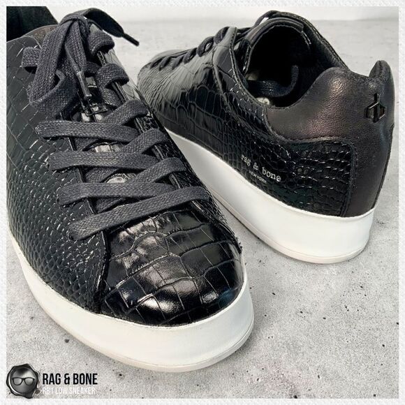 RAG AND BONE RB1 LOW PLATFORM SNEAKERS BLACK CROCODILE EMBOSSED LEATHER SIZE 7.5 - Picture 10 of 16